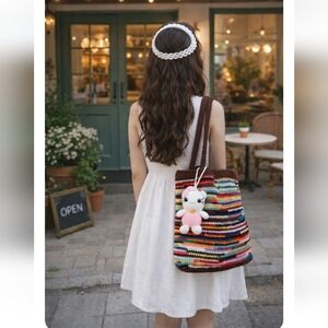 Handmade Crochet Tote Bag – Colorful Knit Shoulder Bag – Boho Everyday Purse